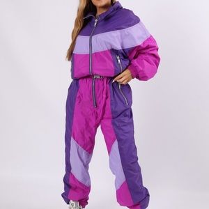 Vintage Sauvage Full Ski Suit 90s tall length UK 18 US 14-16 pink/purple belted